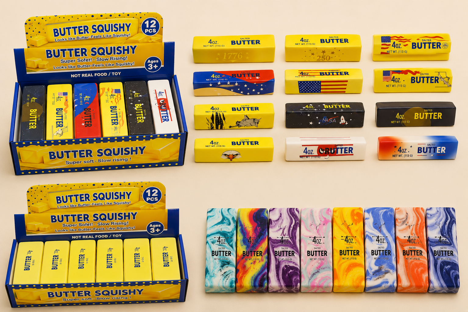 Global toy market trends shown through butter squishy product variations, colors and packaging designs