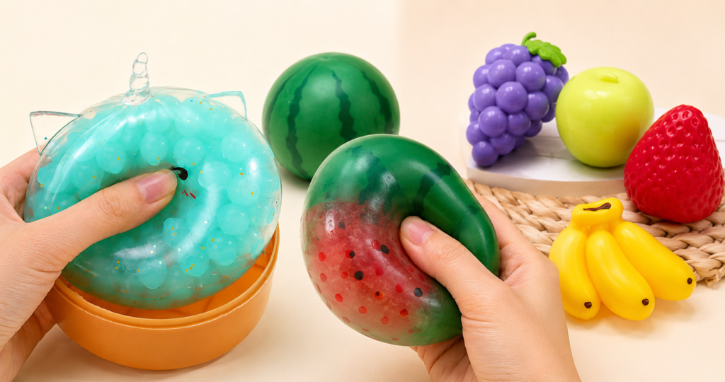 Toy discovery in action with colorful squishy toys demonstrating squeeze, shape change and visual play