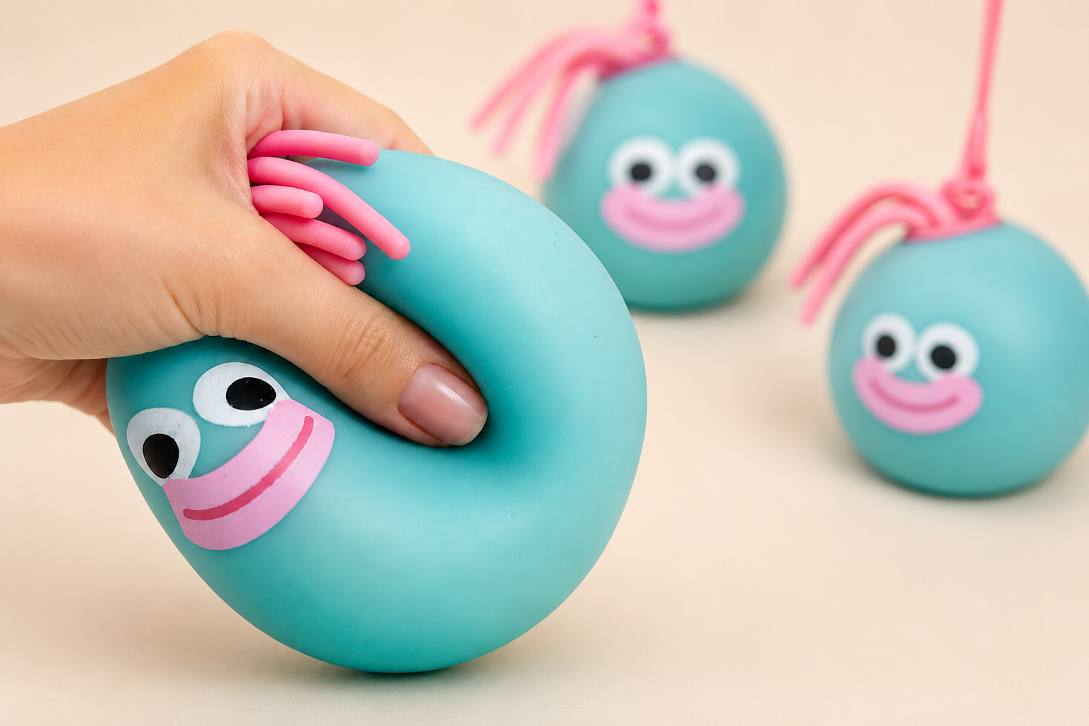 Toy discovery demonstrated with a hand squeezing a colorful squishy toy to show visible shape change and play value
