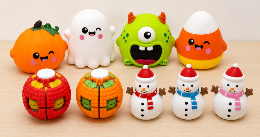Fidget trading shown through colorful toy variations including squishy characters, spinning balls and snowman fidget toys