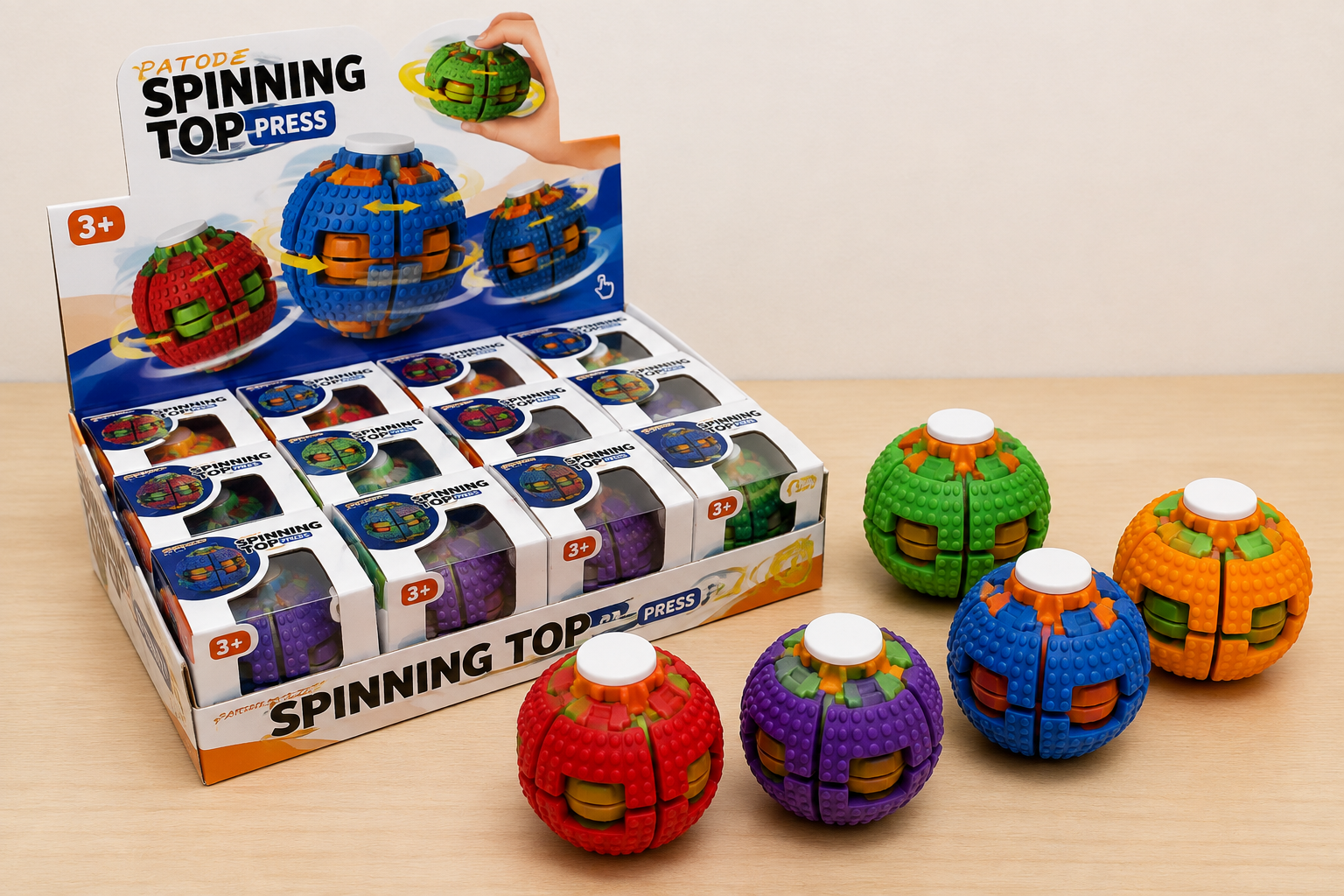 Fidget trading assortment with multiple spinning toy colors and a coordinated retail display
