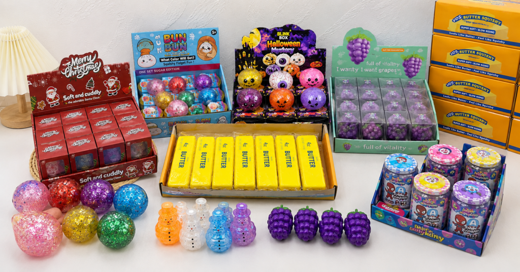 Independent toy retailers testing a mixed assortment of squishy toys, seasonal products and packaged novelty items