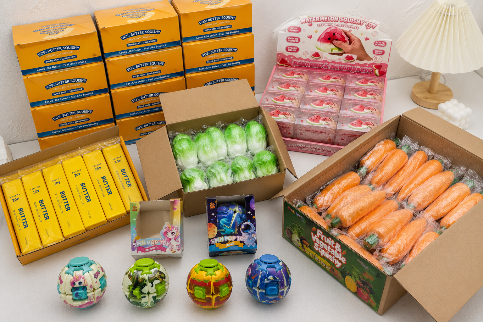 Independent toy retailers reorder assortment with butter, vegetable and watermelon squishy toys prepared for replenishment