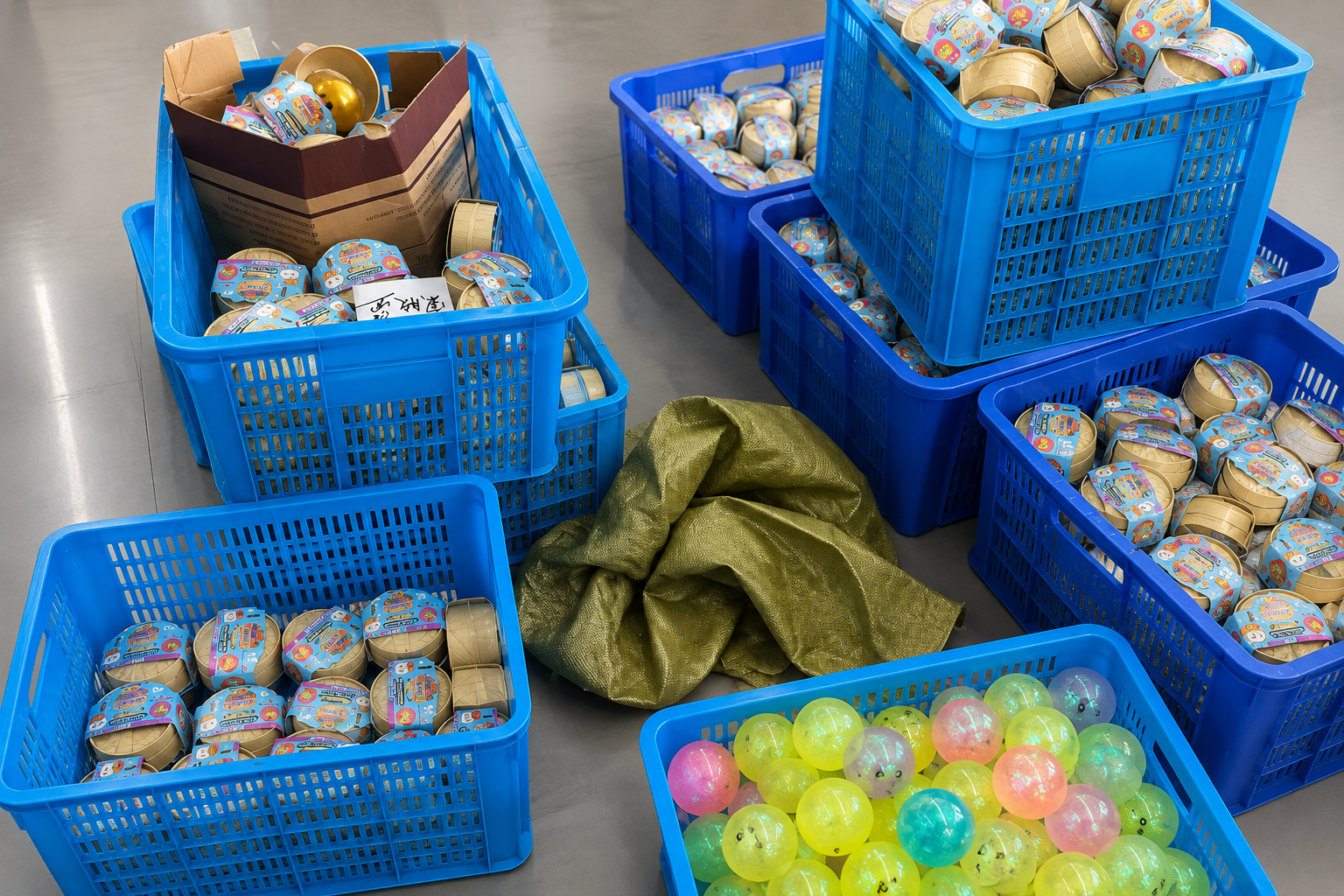 Dumpling squishy wholesale products sorted in blue crates during packing and production
