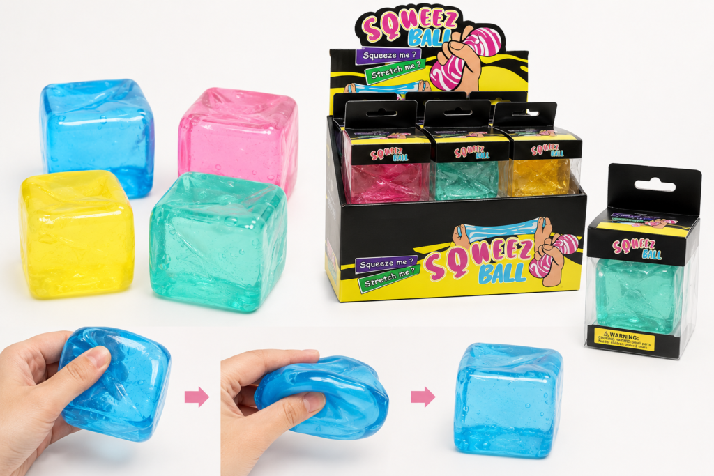 Slow-rise squishy wholesale samples showing colorful gel cubes, retail packaging, and a squeeze recovery test