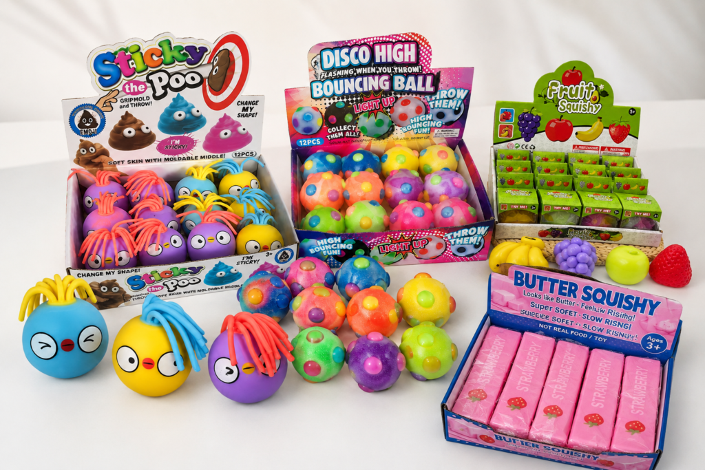 Global toy market trends shown through a varied assortment of squishy, novelty and sensory toy products