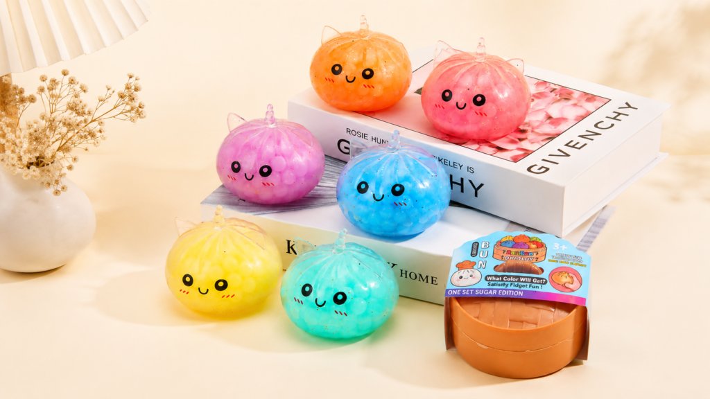 Assorted colorful squishy toys with bead-filled and glitter designs