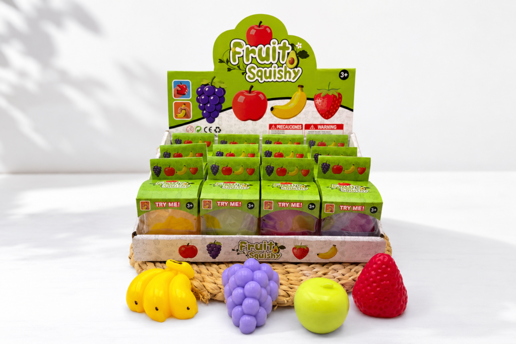 Retail squishy toy assortment with fruit designs and display packaging