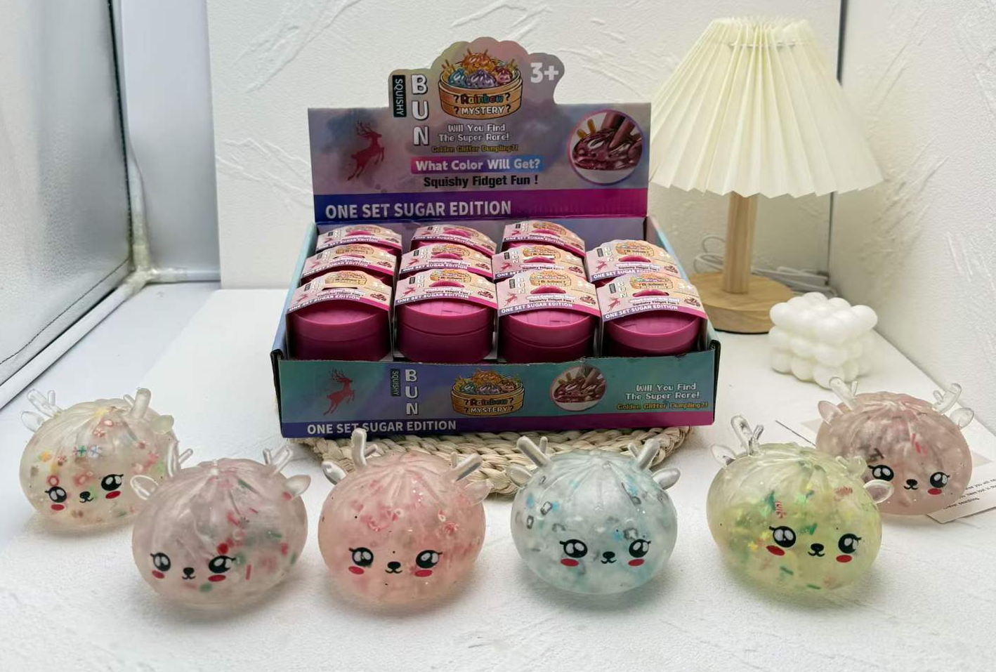 Colorful collectible squishy toys in mystery-style retail packaging
