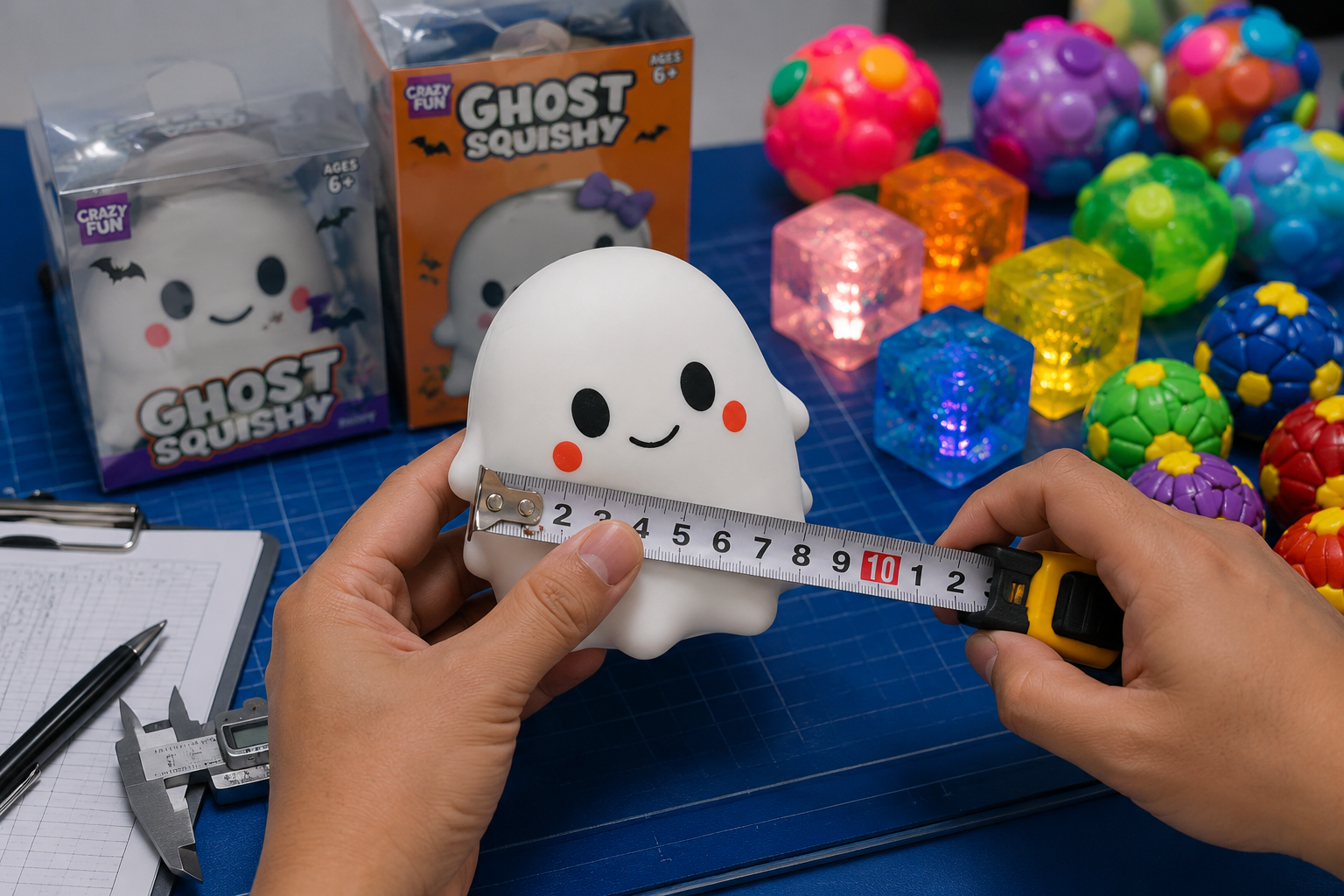 Novelty toy supplier sample being measured during a wholesale quality check