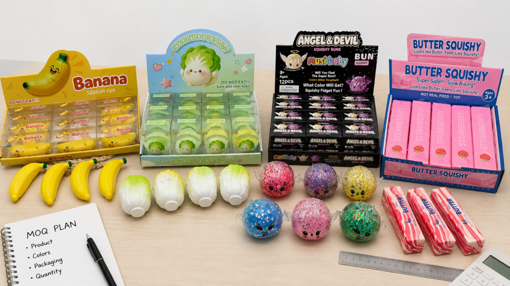 Novelty toy MOQ planning with assorted squishy toys, retail displays and wholesale packaging