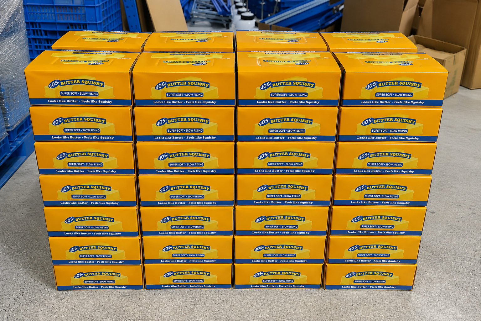Novelty toy packaging shown in bulk with stacked Butter Squishy retail boxes prepared for wholesale production