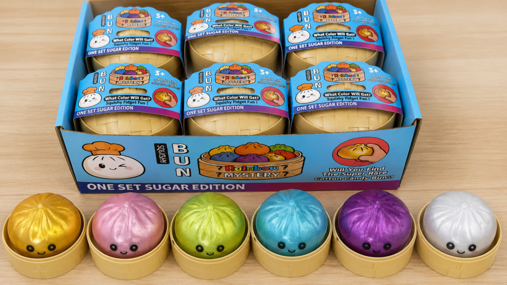 Dumpling squishy wholesale assortment in six colors with bamboo-style cups and retail display packaging