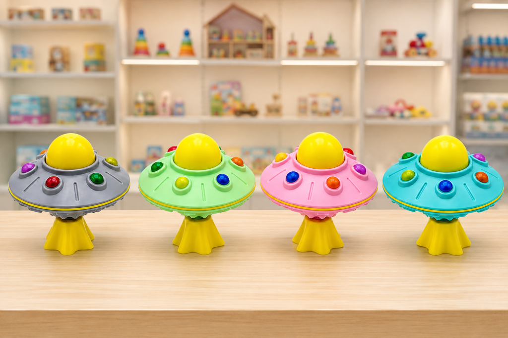 Wholesale spinning toys in four colors displayed for retail buyers