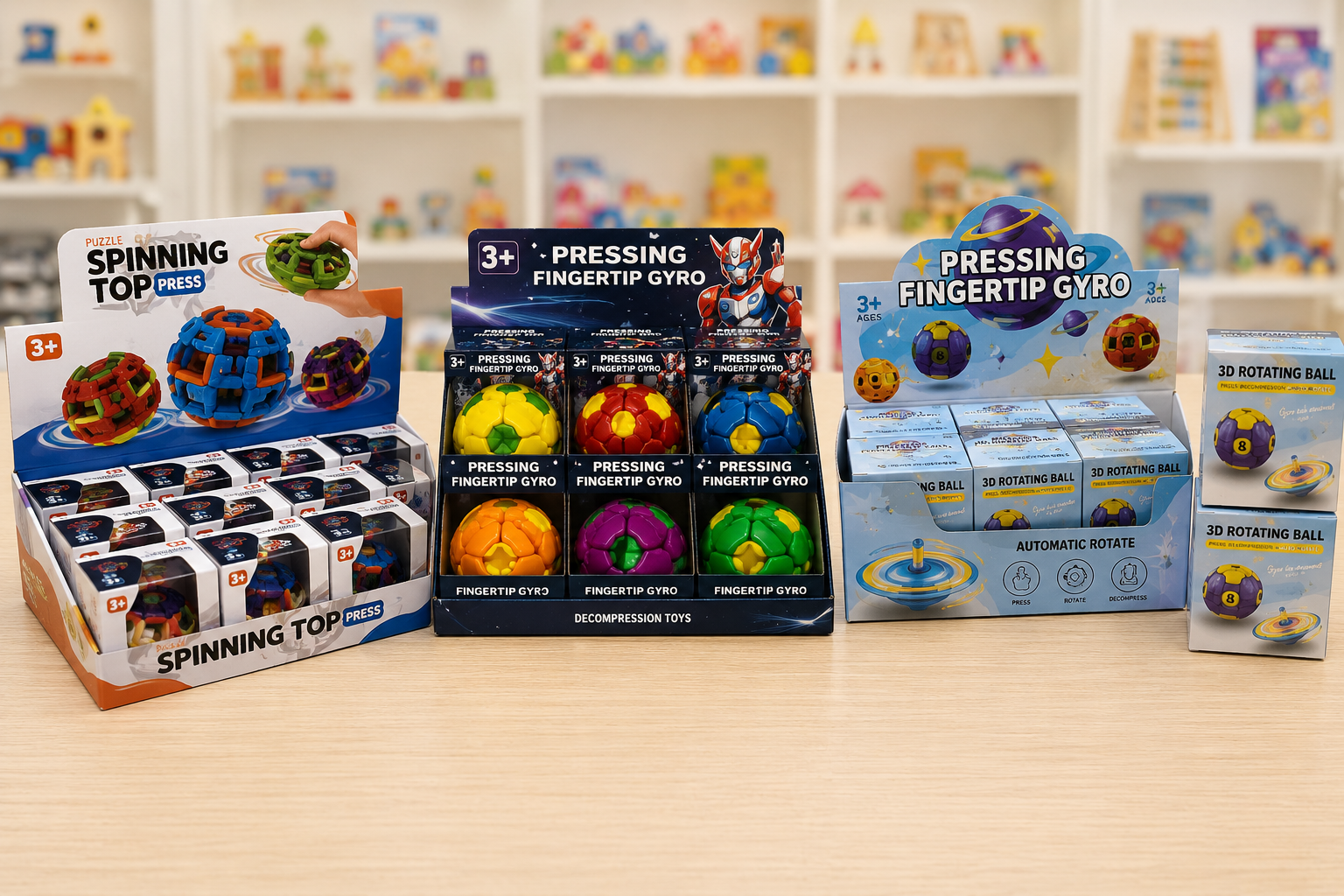 Wholesale spinning toys in individual boxes and countertop retail display packaging