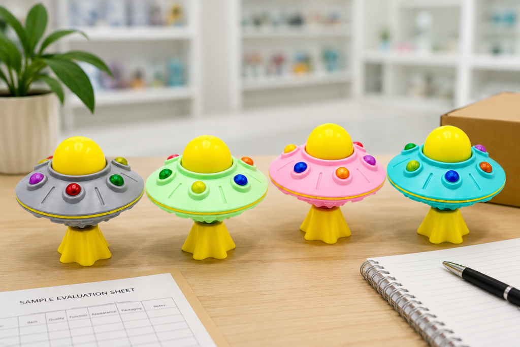 Gyroscope toy wholesale samples in four colors prepared for buyer evaluation