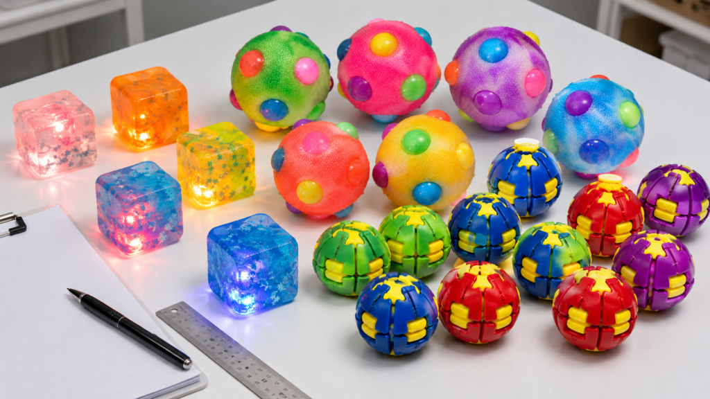 Novelty toy supplier samples including squeeze toys and fidget toys for wholesale buyers
