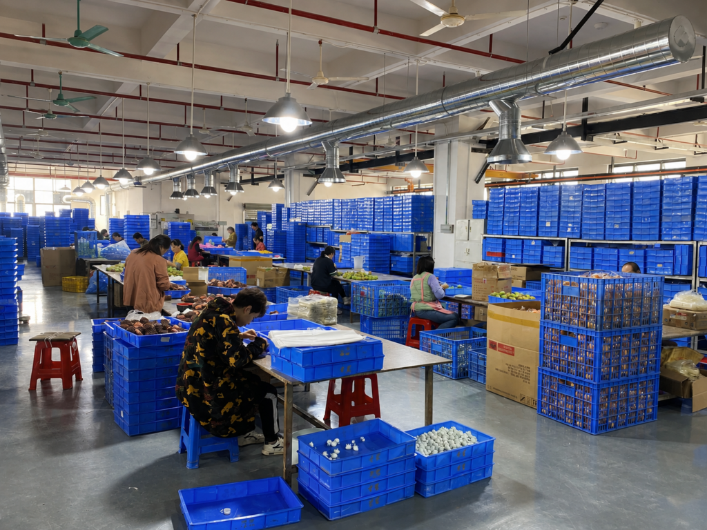 Workers producing and assembling custom squishy toys in a manufacturing facility