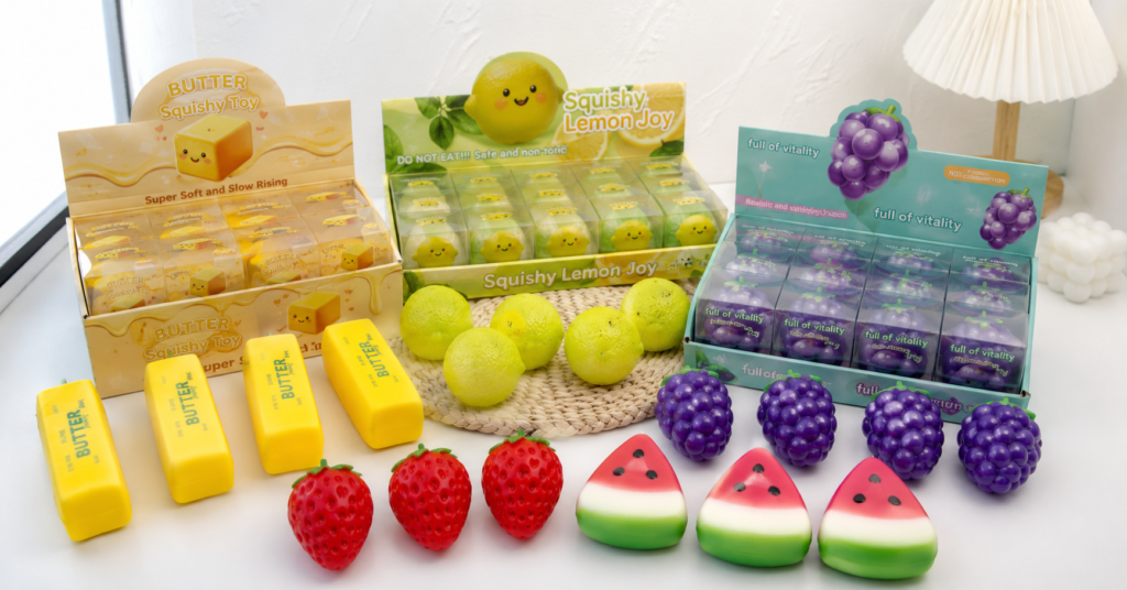 Squishy retail channels shown through butter, lemon, grape, strawberry and watermelon squishy toys in retail-ready displays