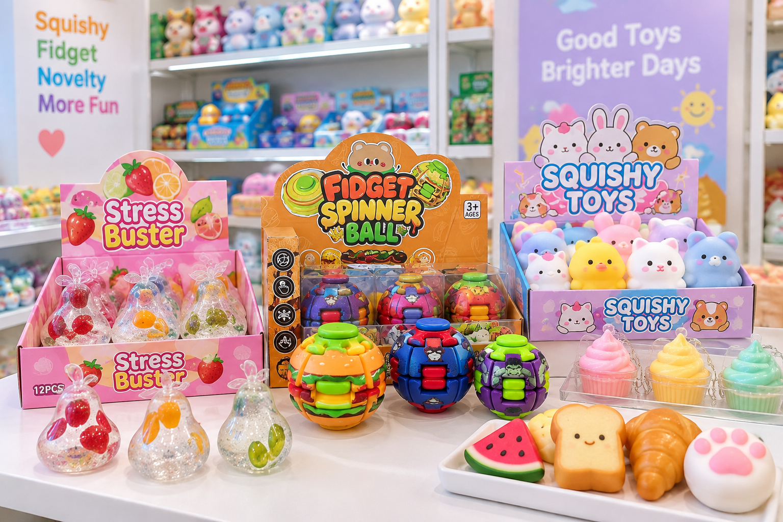 Food-inspired fidget and squishy toys in a colorful retail assortment