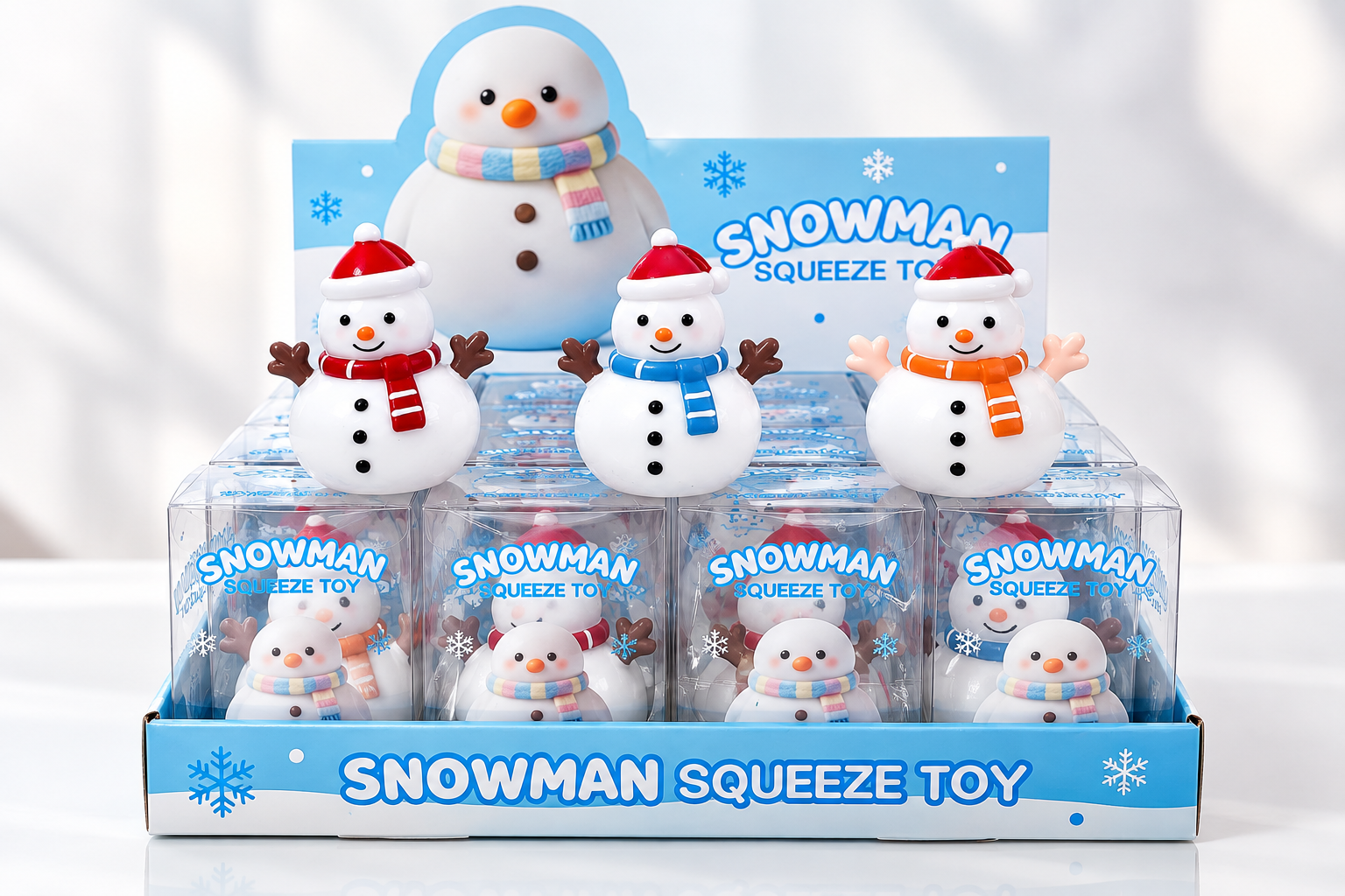 Snowman squishy toys in winter-themed retail packaging and countertop display