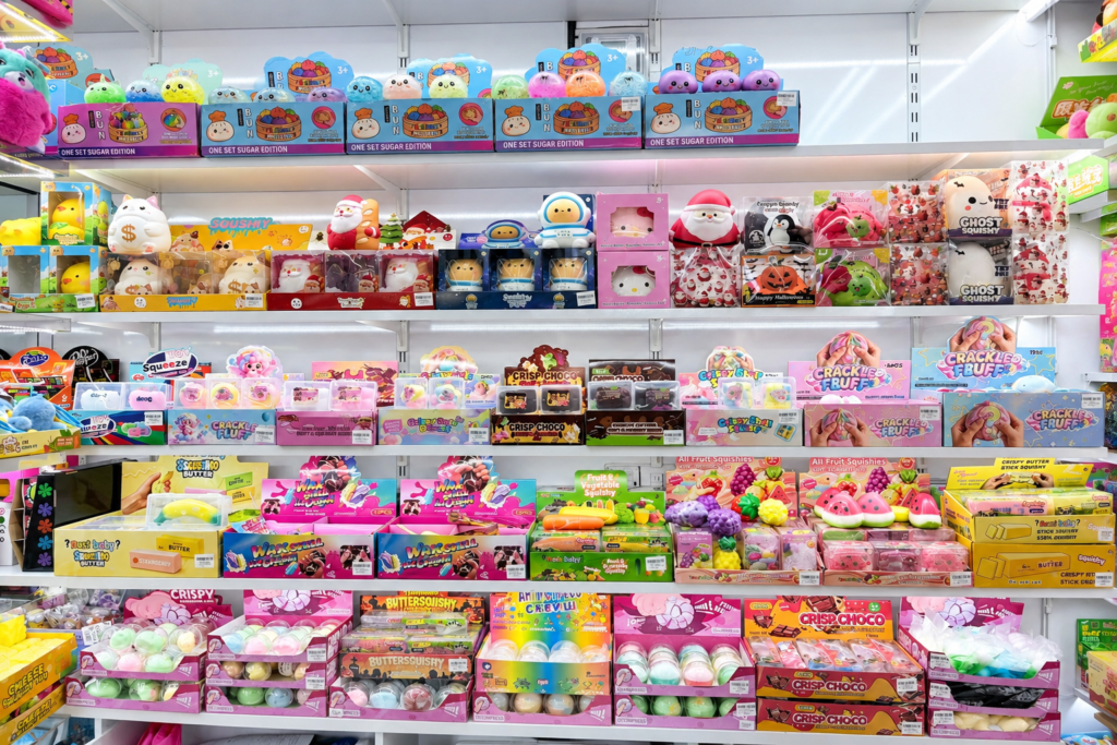 Toy store trends 2026 shown in a colorful retail toy shelf assortment