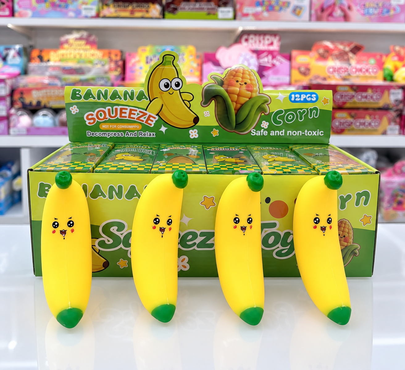 Banana squeeze toys in a compact retail display box