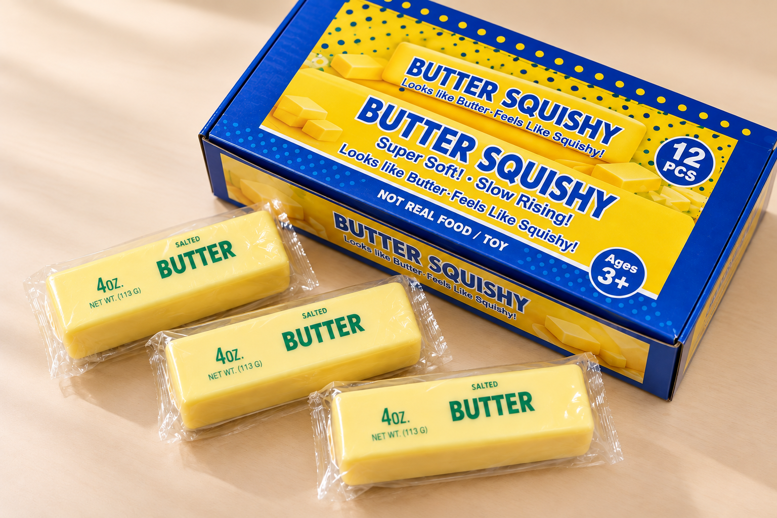 Butter squishy toys with individual wrapping and retail display packaging