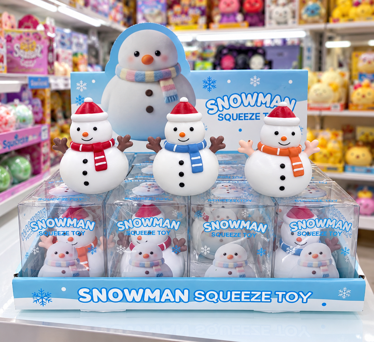 Snowman squeeze toys in display-ready packaging at a toy store