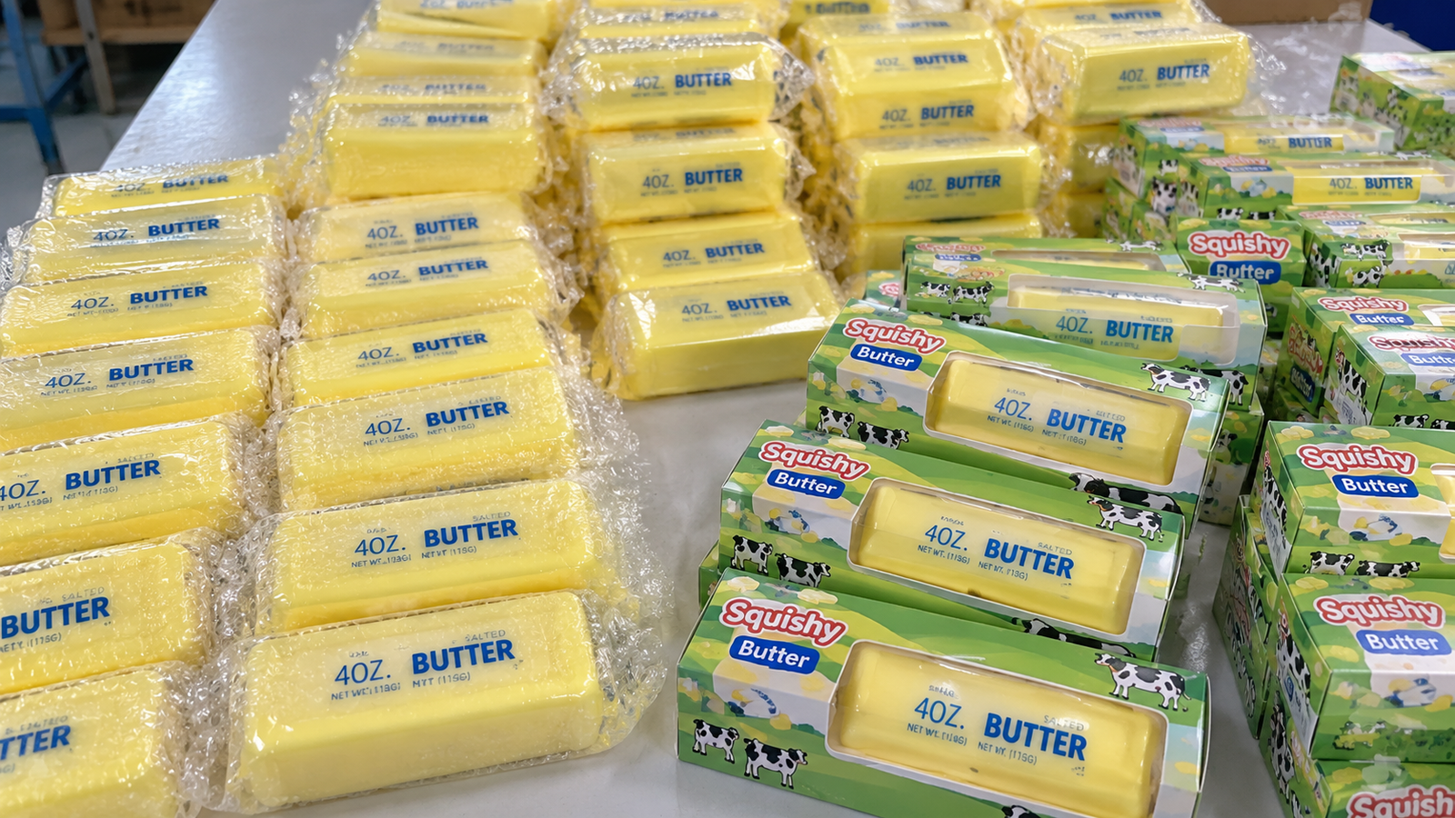 Butter squishy toys in bulk production with protective wrapping and retail packaging