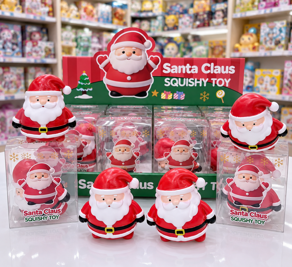 Collectible toy trends shown through a Santa squishy toy series retail display