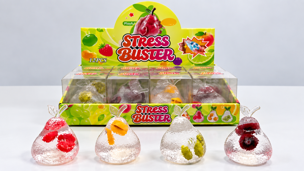 Squeeze toy manufacturer display of clear filled squeeze toys in retail packaging