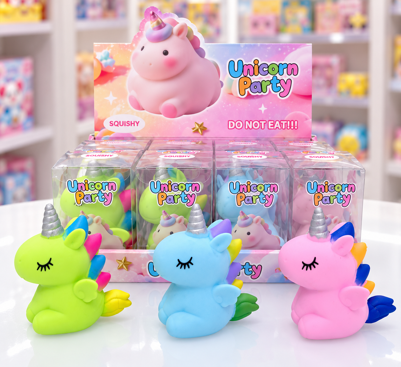 Unicorn squishy toy series in three colors with coordinated retail packaging