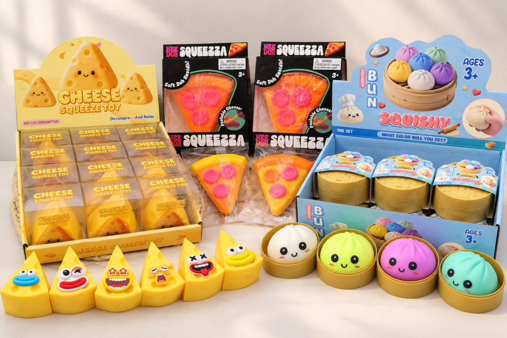 Food shaped squishy toys featuring cheese, pizza and dumpling designs