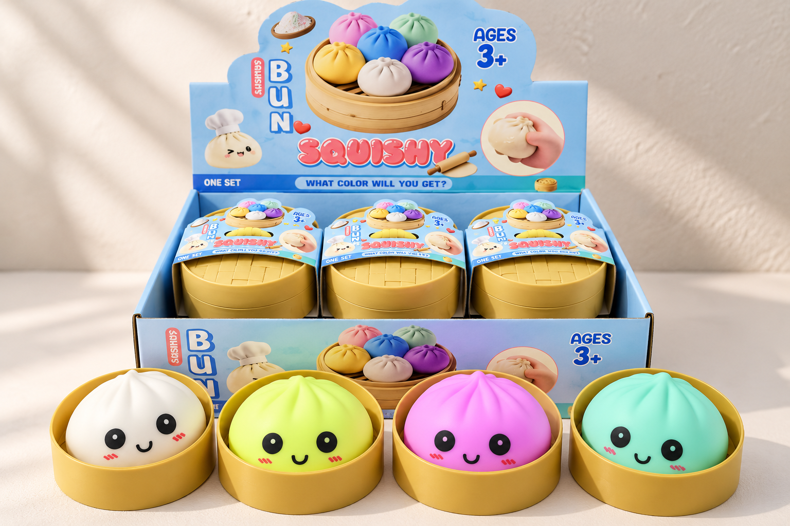 Colorful dumpling squishy toys in basket-style retail packaging