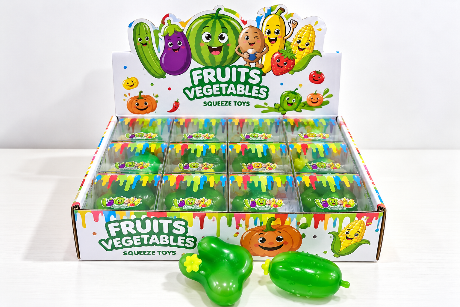 Novelty squeeze toys in individual packaging and a countertop retail display