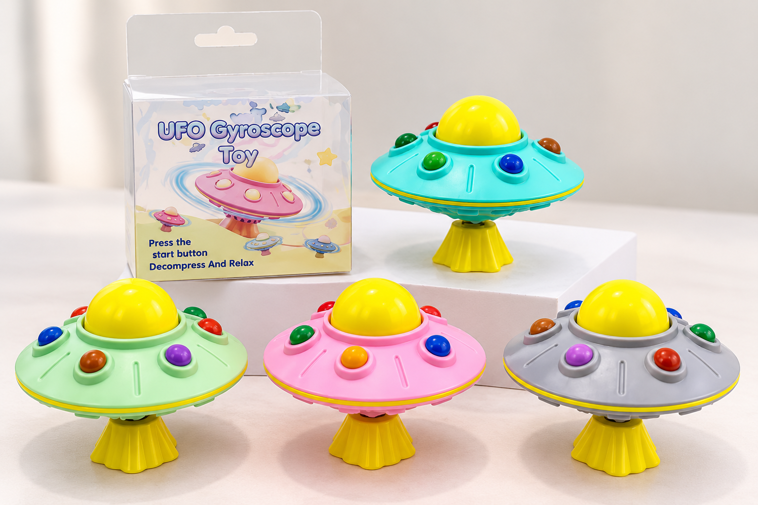 UFO gyroscope fidget toys with press-to-spin rotating mechanism