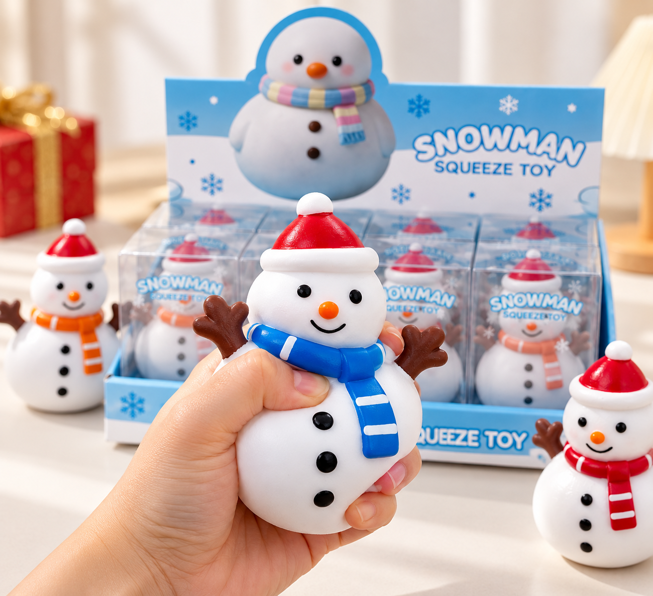 Wholesale squeeze toy sample being squeezed by hand to compare product feel and response