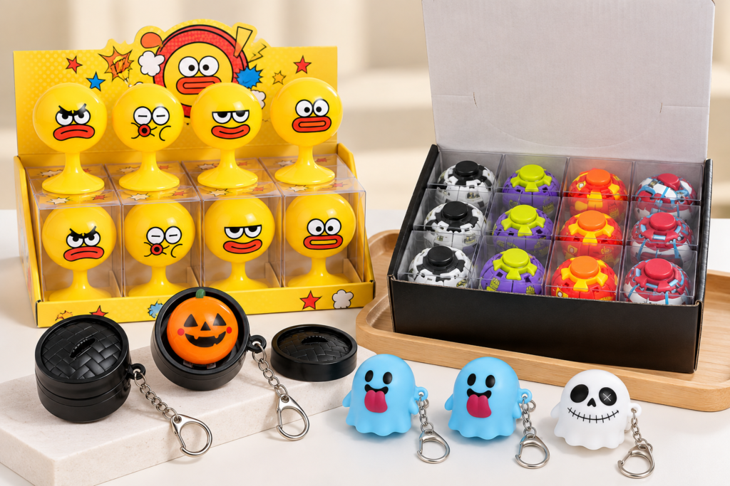 Small toys in bulk with keychains, press toys and fidget toys in retail display boxes