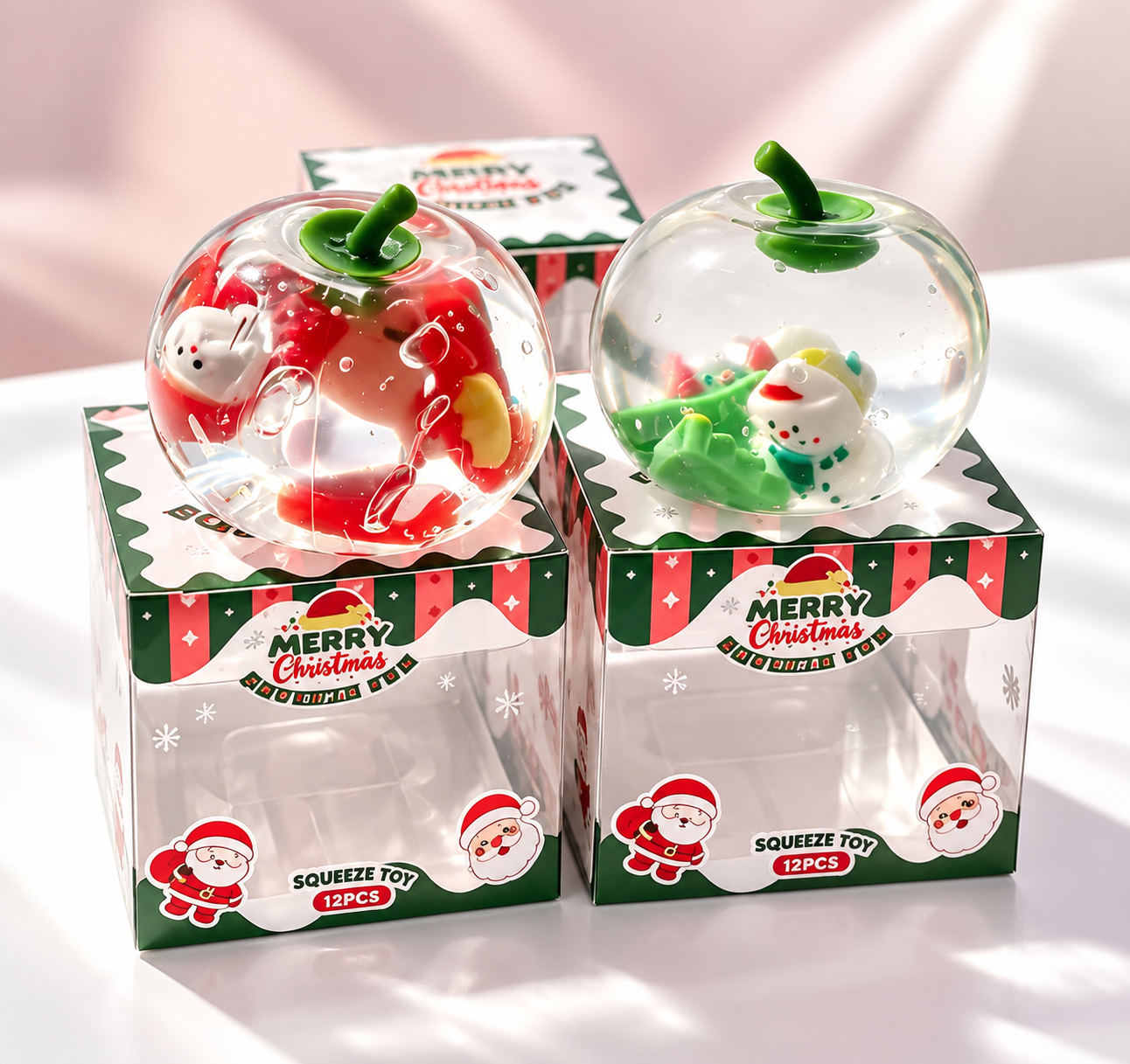 Christmas squeeze toys displayed with seasonal retail packaging