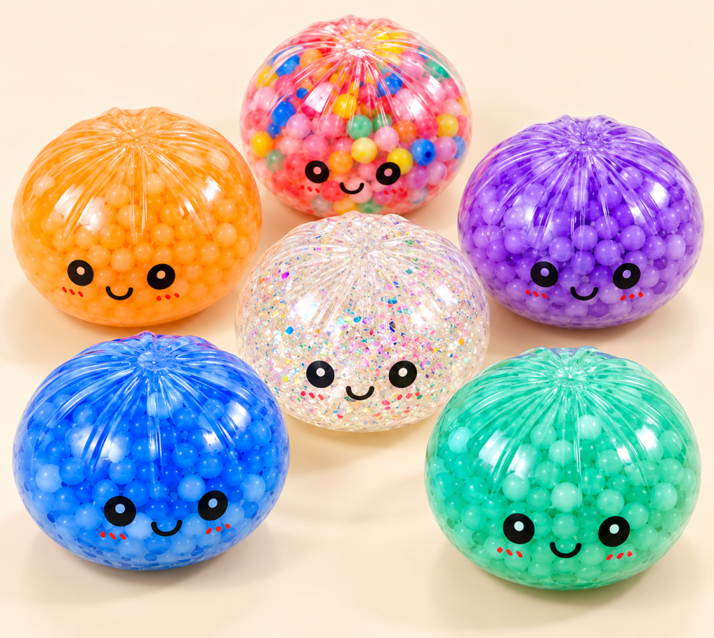 Squishy toy filling materials shown in colorful transparent bead-filled squishy toys
