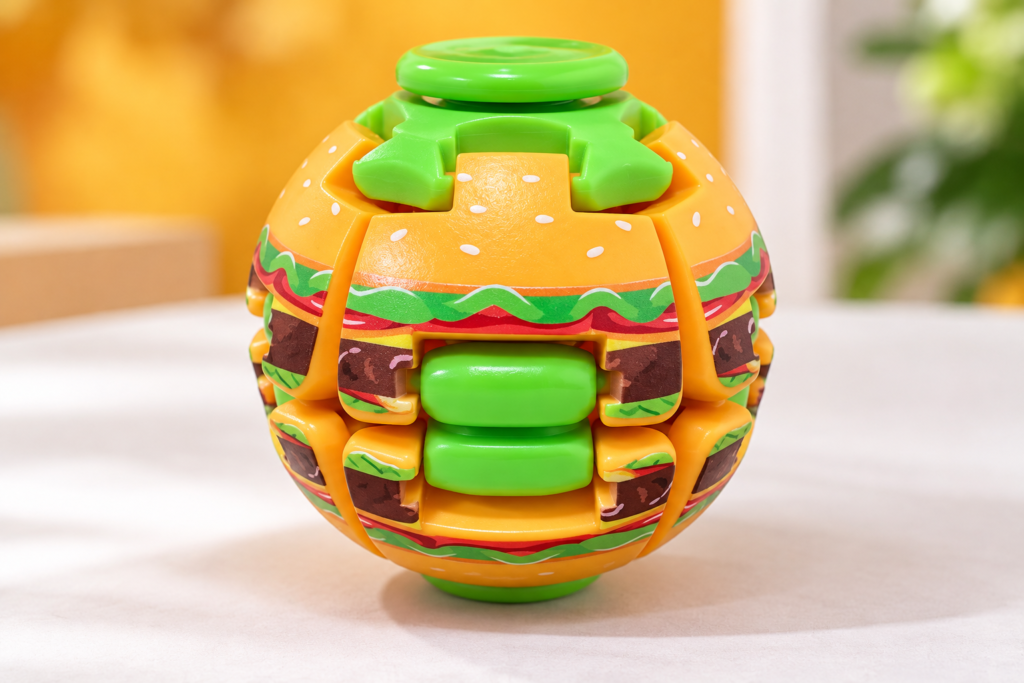 Custom fidget toys featuring a burger-shaped mechanical fidget design