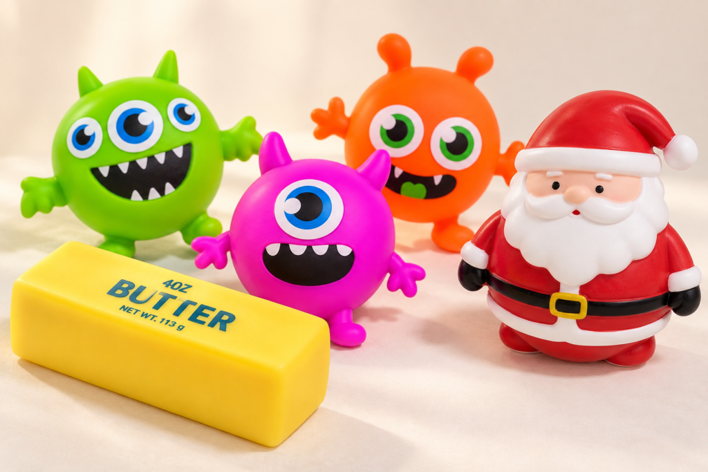 Custom novelty toys featuring food-shaped, expressive character and seasonal toy designs