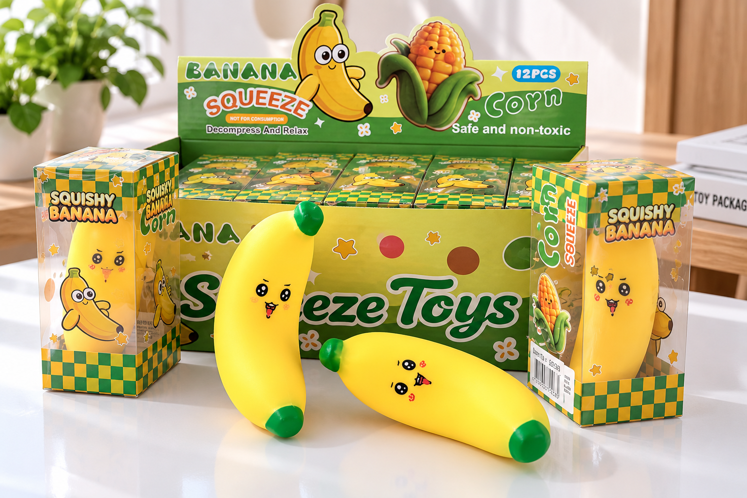 Banana squishy toys shown with individual retail packaging and countertop display box