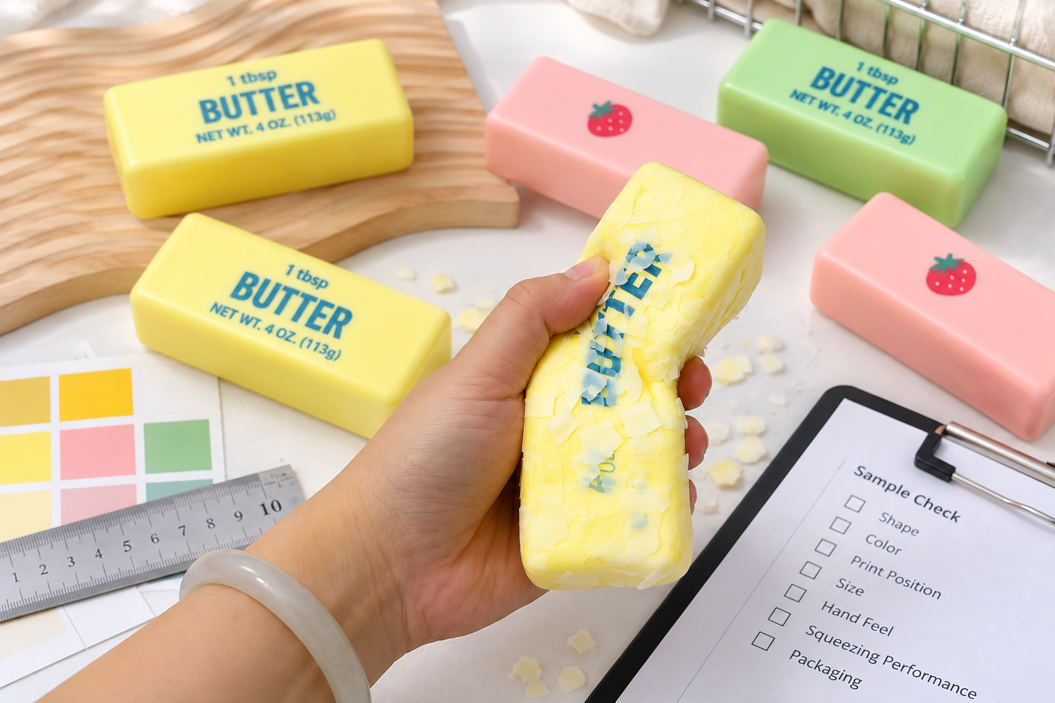 Butter squishy toy sample being checked for color, print position, size and hand feel