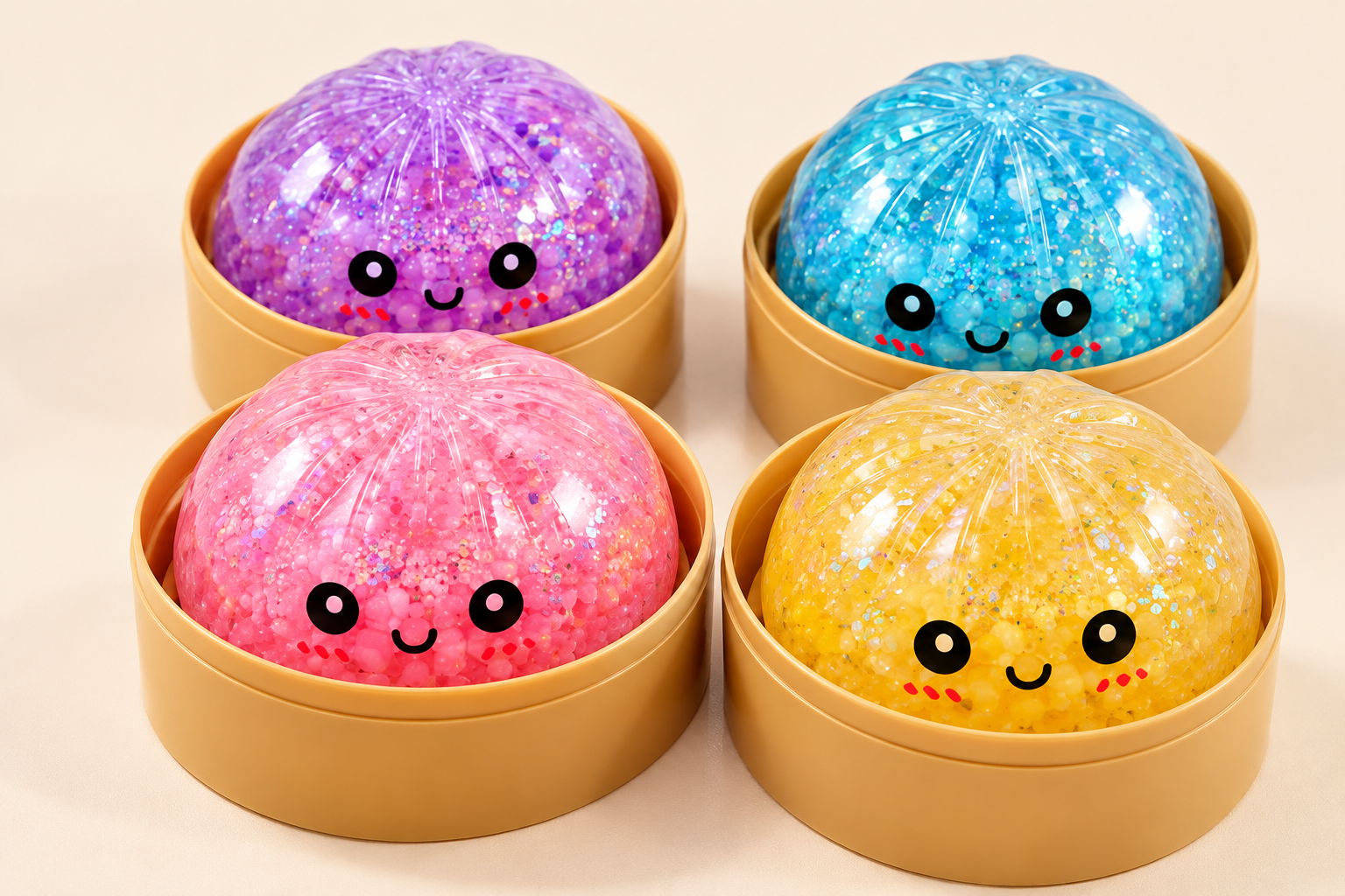 Transparent glitter-filled squishy toys showing colorful visible fillings