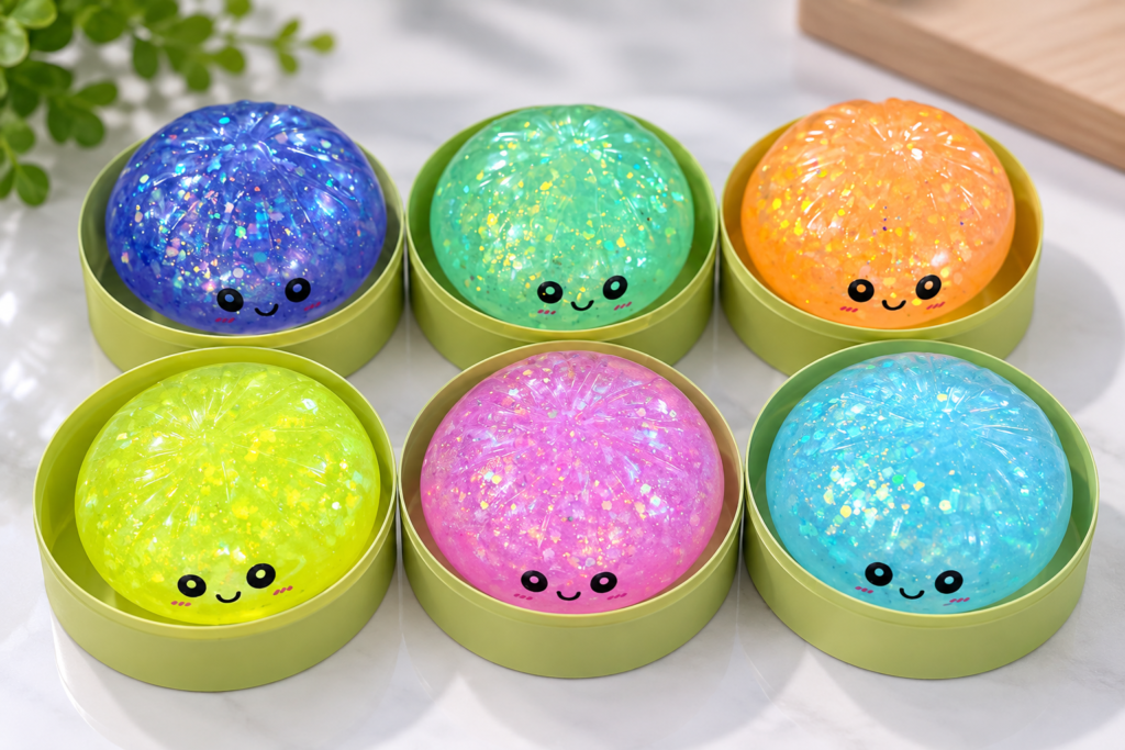 Custom toy colors shown across translucent glitter squishy toy variations