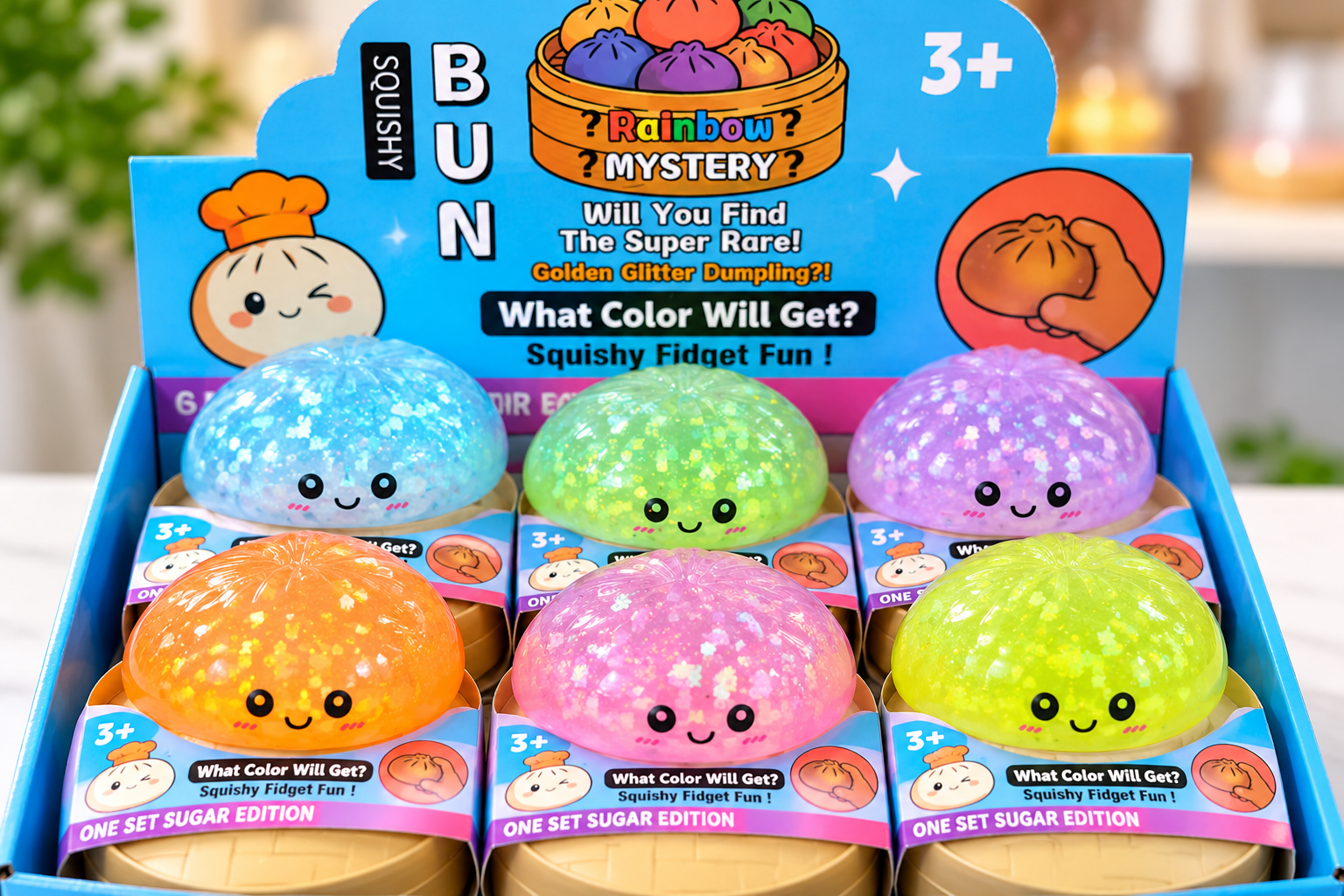 Colorful translucent glitter squishy toys arranged together in a retail display assortment