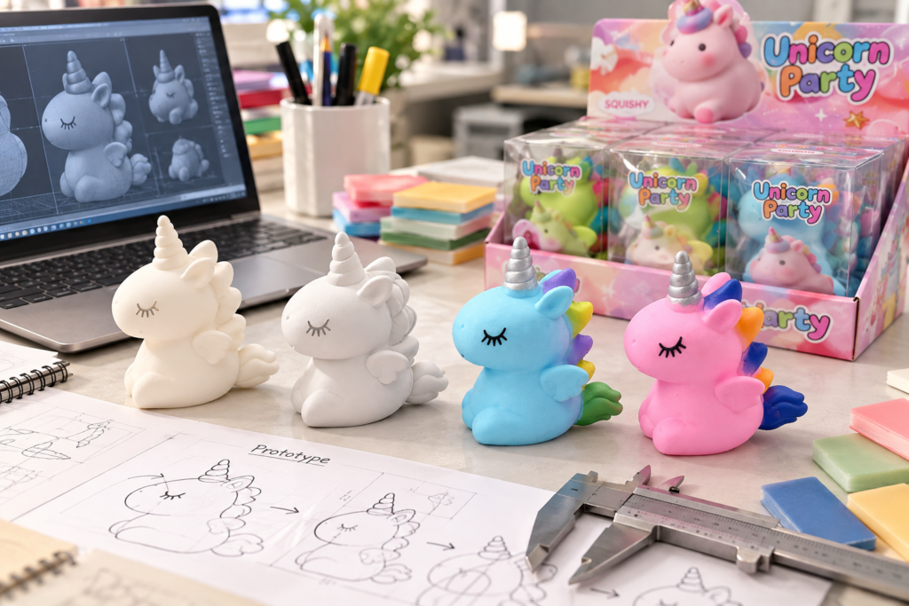 Toy prototype development showing unicorn squishy design, prototype models and product samples