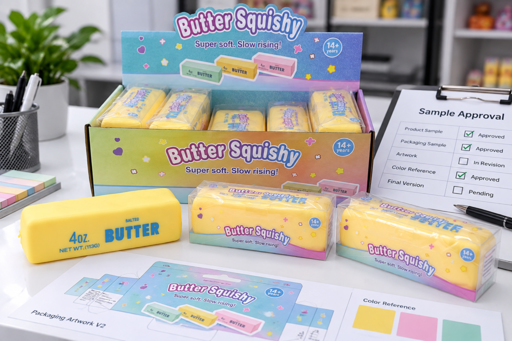 Toy sample development showing Butter Squishy product and packaging samples during approval